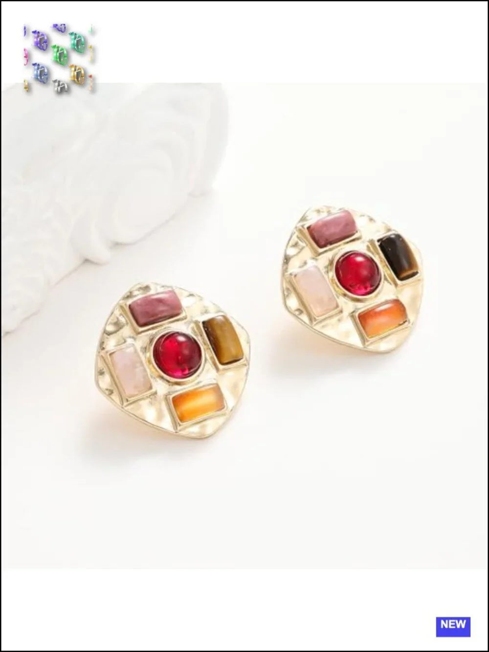 Geometric Large Stud Statement Earrings, Gold Tone Square Stud with Multi-Color